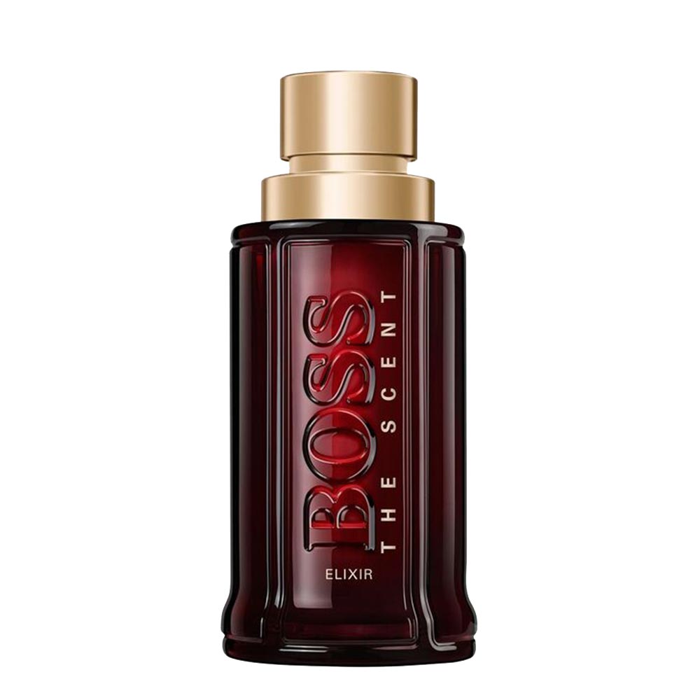 BOSS The Scent Elixir Parfum Intense for Him 100 ml — czerwony flakon ze złotą nakrętką na białym tle