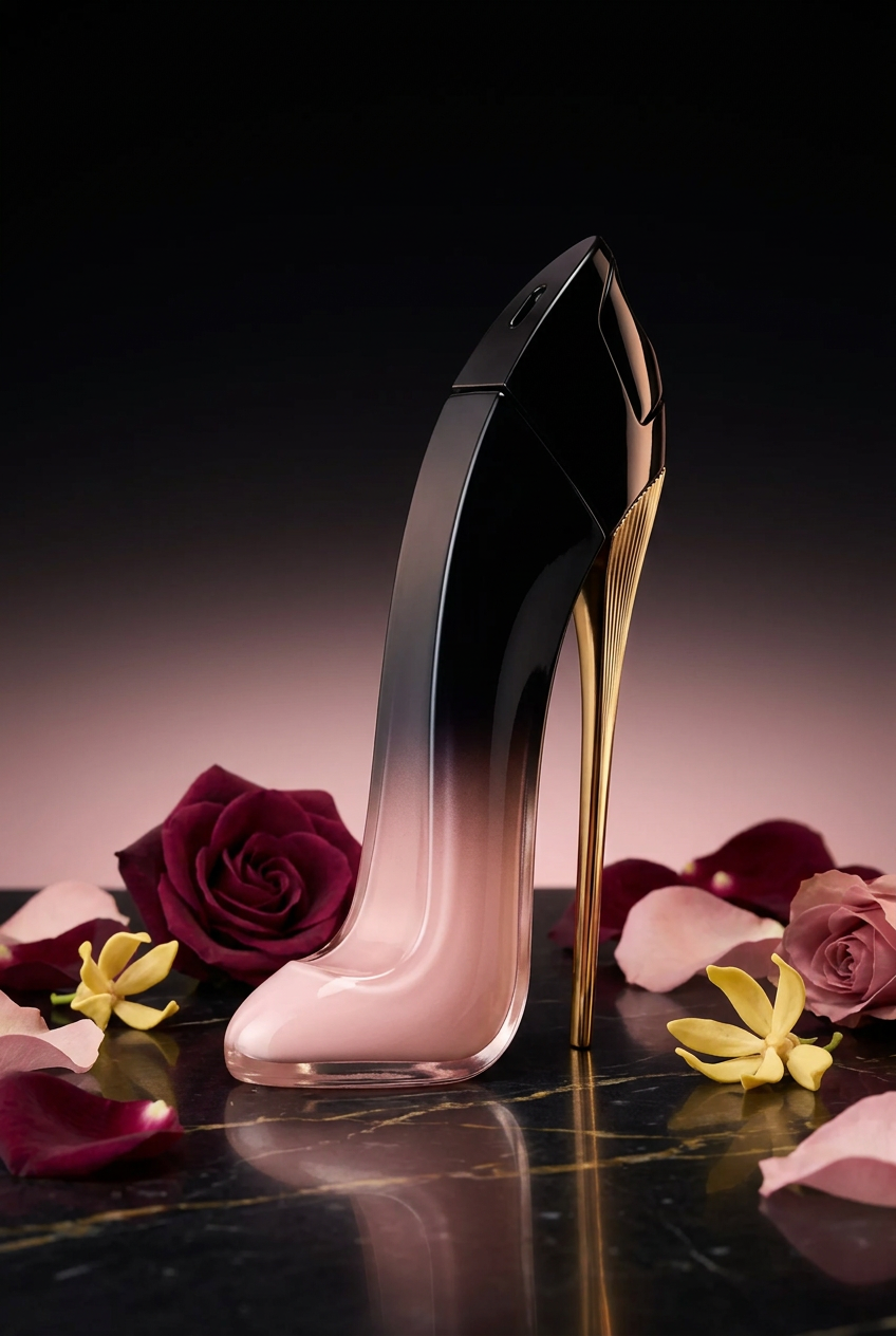 Carolina Herrera Good Girl Blush Elixir Eau de Parfum – kampanijne ujęcie flakonu wśród róż i kwiatów ylang-ylang na różowo-czarnym tle