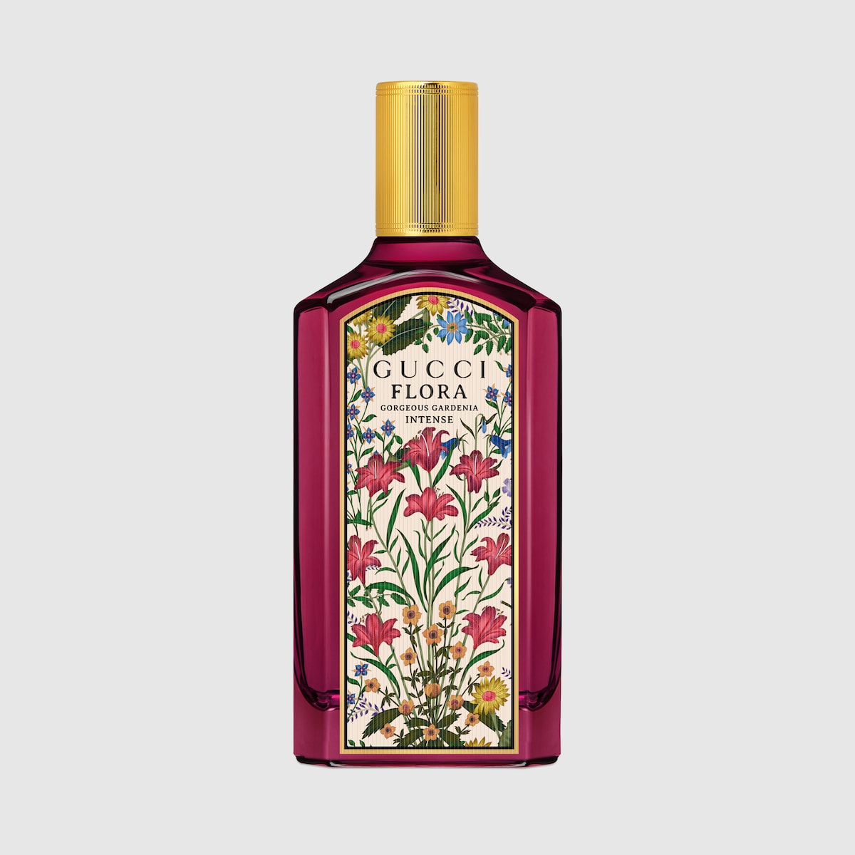 Gucci Flora Gorgeous Gardenia Intense Eau de Parfum 100 ml — różowa butelka z motywem kwiatowym, widok z przodu.