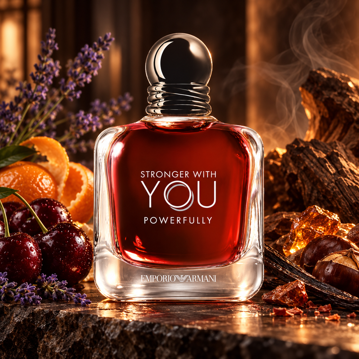 Emporio Armani Stronger With You Powerfully Eau de Parfum 100 ml — kampania inspirowana wiśnią, mandarynką, lawendą i kasztanem.