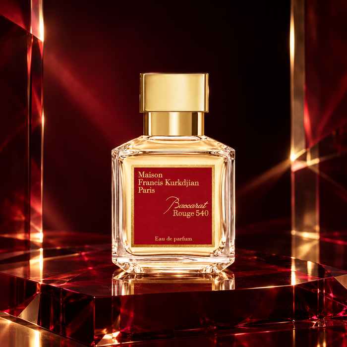 Baccarat Rouge 540 Eau de Parfum 70 ml – flakon w rubinowym świetle i szklanej aranżacji