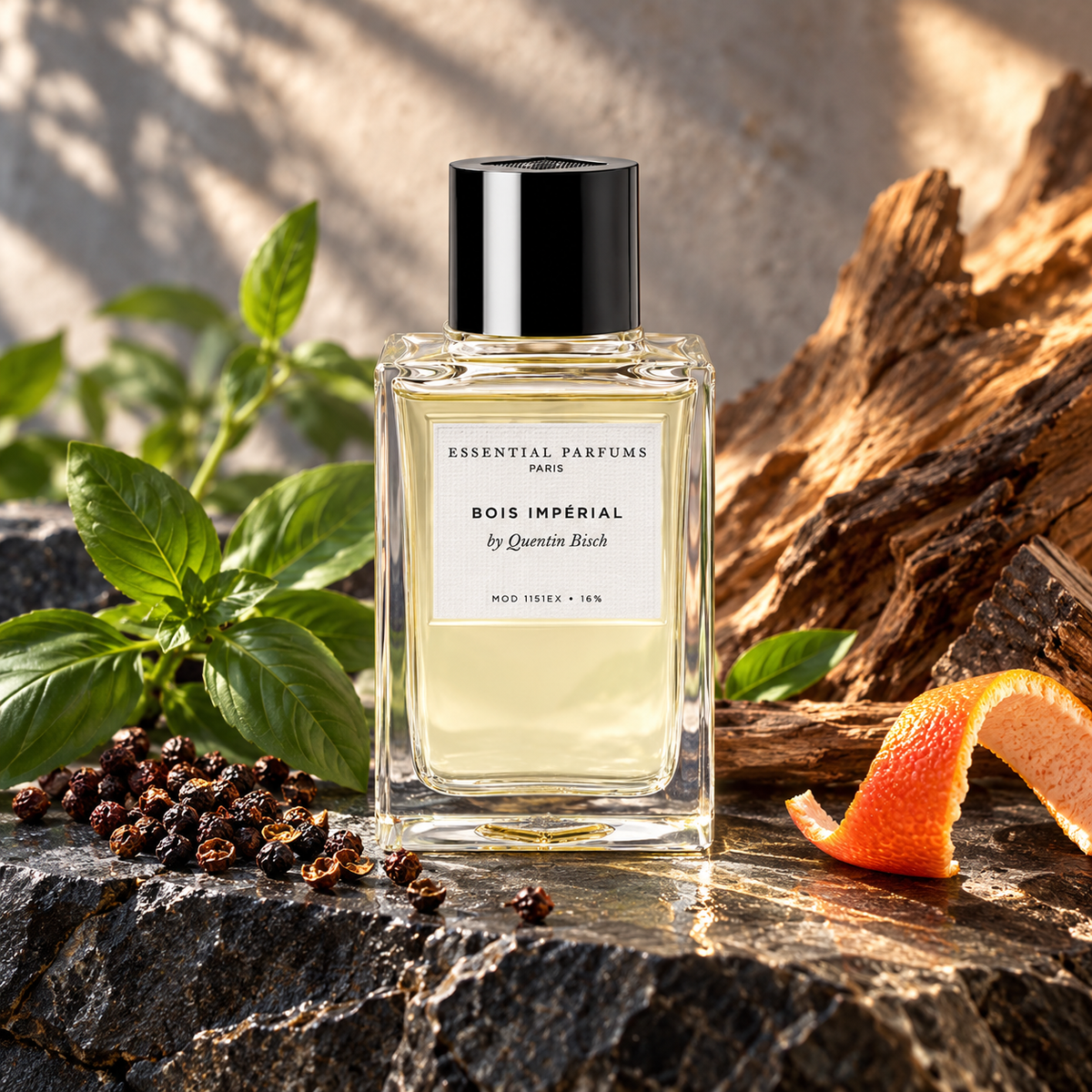 Kampania Essential Parfums Bois Impérial Eau de Parfum 100 ml z bazylią tajską, pieprzem Timur i grejpfrutem.
