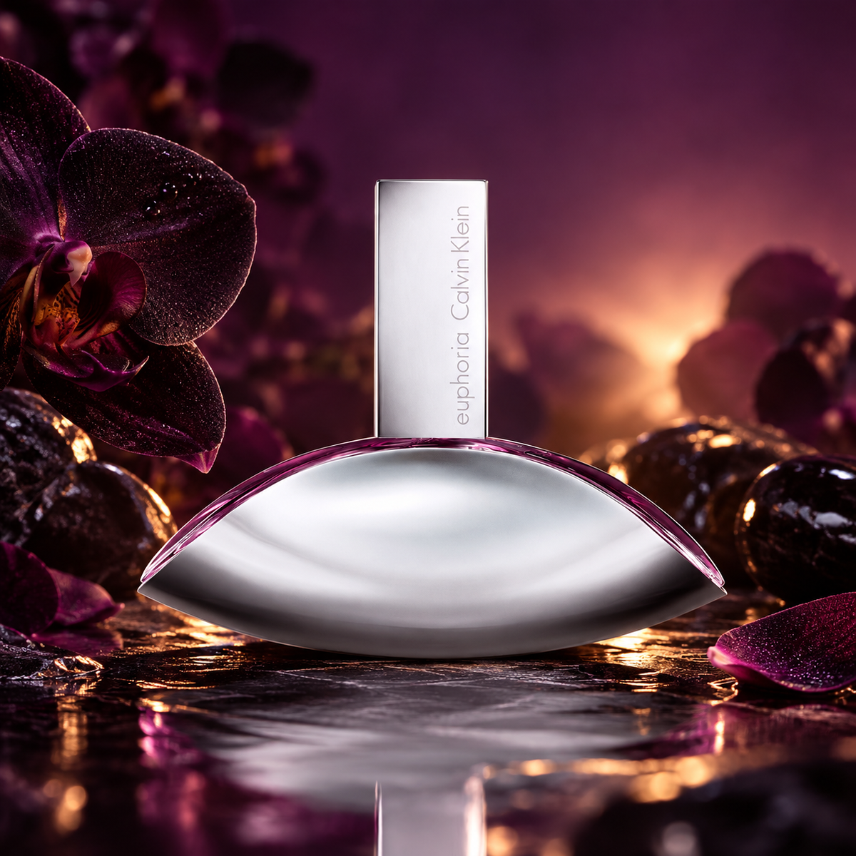 Kampanijne ujęcie Calvin Klein Euphoria Eau de Parfum 100 ml w świetle i przy orchideach