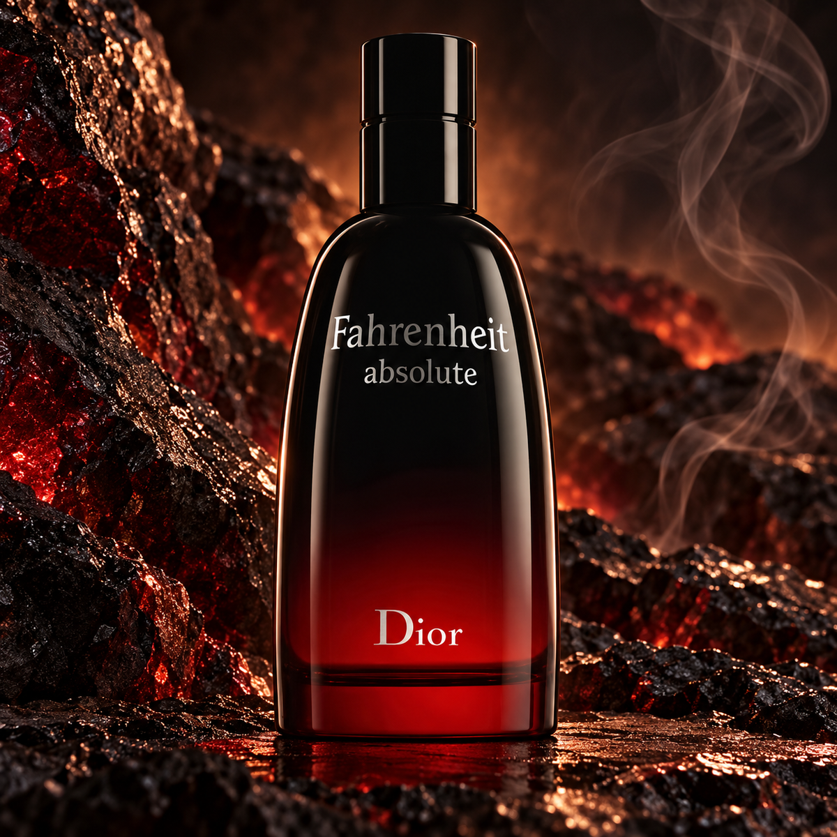 Dior Fahrenheit Absolute EDT 100 ml — kampanijne ujęcie flakonu na tle bazaltu i bursztynowego światła