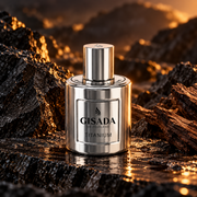 Gisada Titanium EDP 100 ml — kampanijne ujęcie flakonu na tle ciemnego kamienia i bursztynowego światła