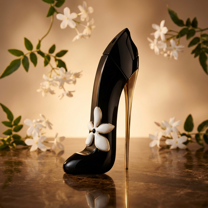 Carolina Herrera Good Girl Jasmine Absolute Eau de Parfum 80 ml — kampanijny kadr flakonu wśród kwiatów jaśminu i ciepłego światła