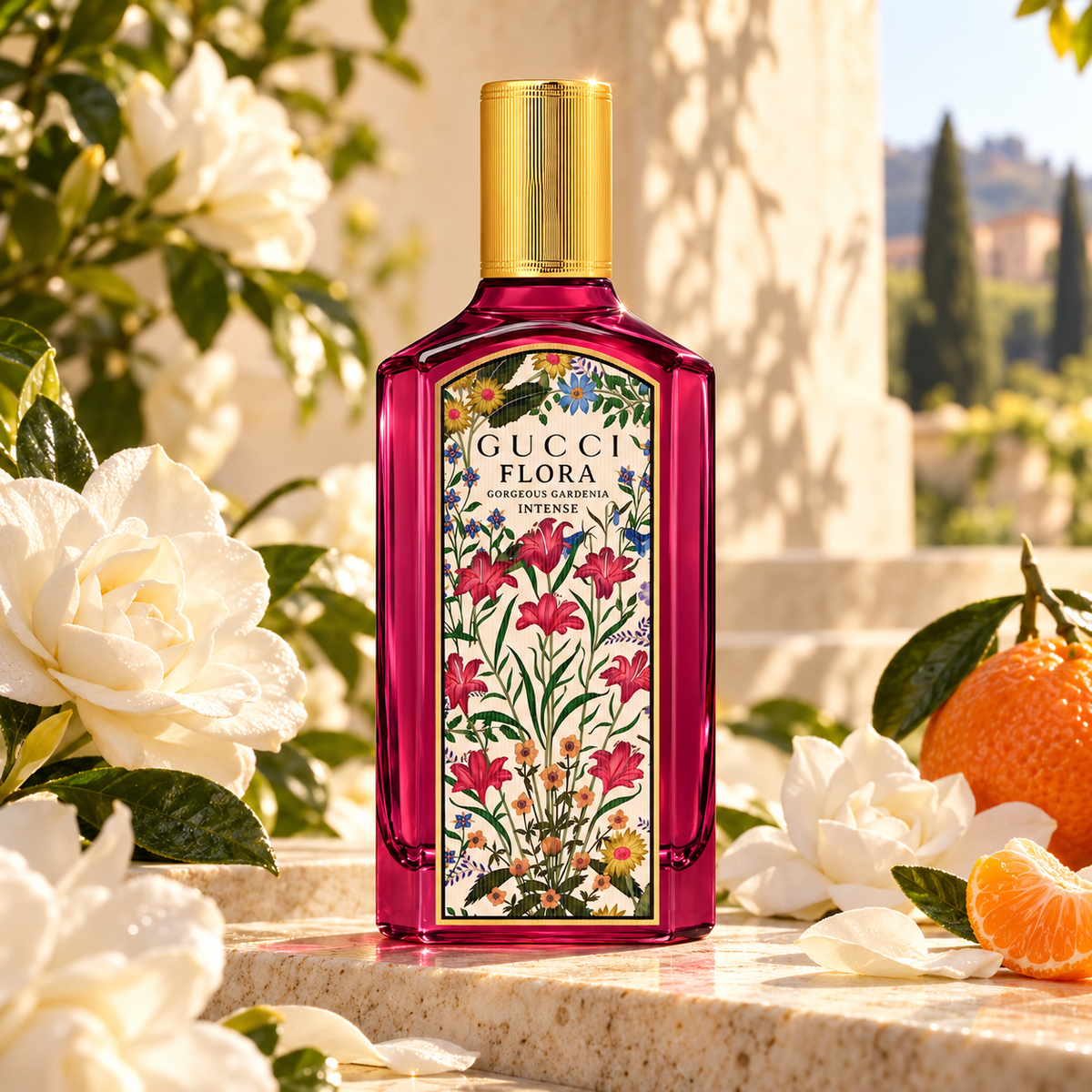 Gucci Flora Gorgeous Gardenia Intense Eau de Parfum 100 ml w kampanii reklamowej wśród kwiatów gardenii i mandarynek.