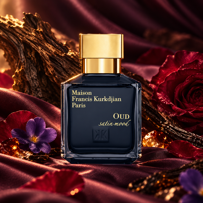 OUD satin mood Eau de Parfum 70 ml – flakon w otoczeniu róż, fiołka i ciemnego oudu
