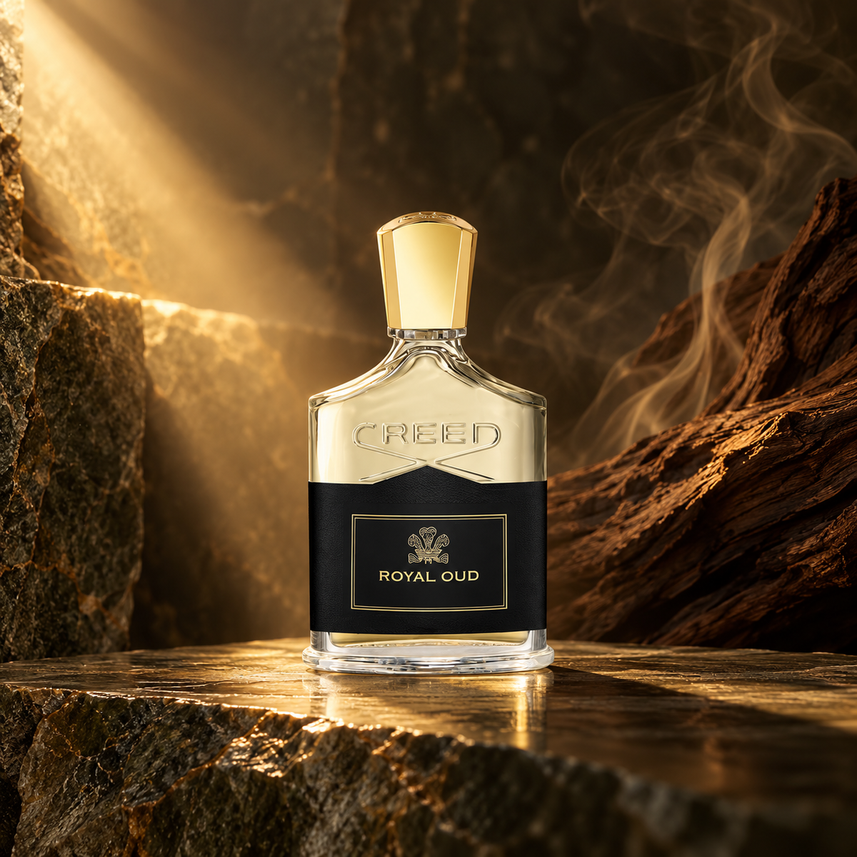 Creed Royal Oud Eau de Parfum 100 ml – kampania w ciepłym świetle, kamieniu i drewnie