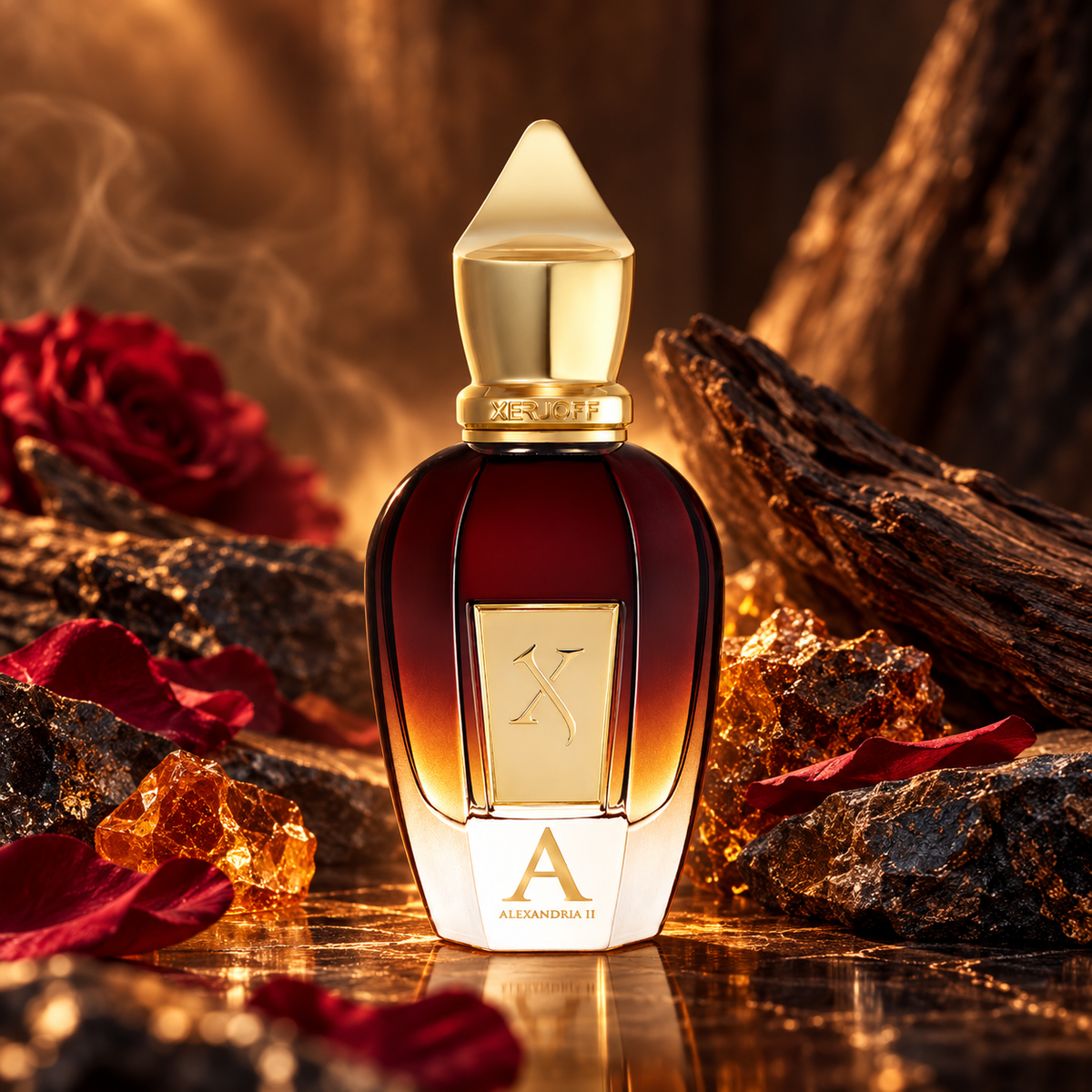 Xerjoff Alexandria II Parfum 100 ml — kampania inspirowana różą bułgarską, oudem i ambrą.