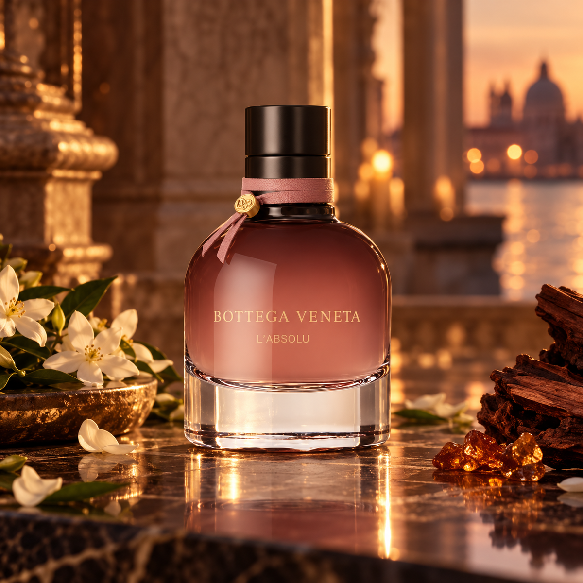 Kampanijne ujęcie Bottega Veneta L’Absolu Eau de Parfum 50 ml w ciepłym świetle i z jaśminem