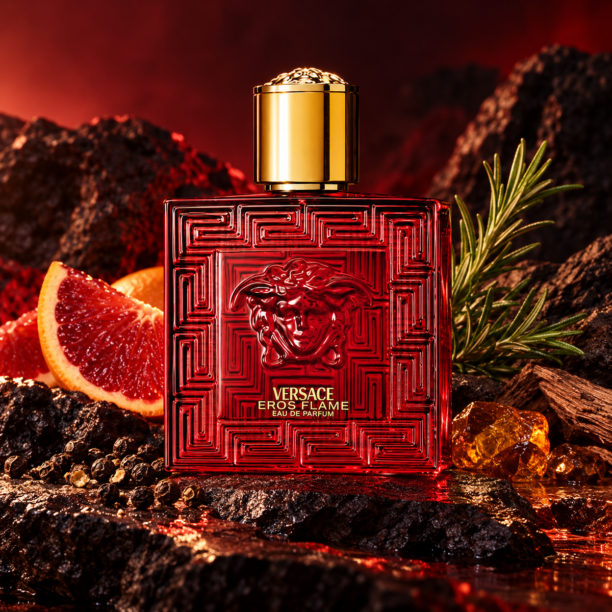 Versace Eros Flame EDP w cytrusowo-przyprawowej scenerii z rozmarynem i ciepłym bursztynowym światłem