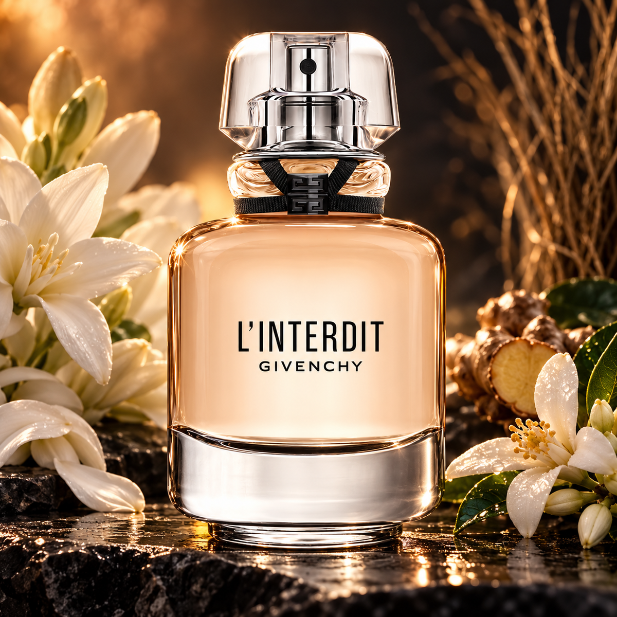 Givenchy L’Interdit EDP 80 ml — flakon w kompozycji białych kwiatów, ciemnego kamienia i ciepłego światła