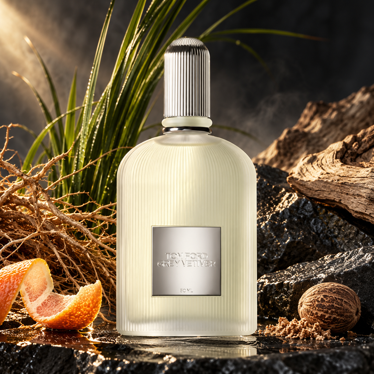 Tom Ford Grey Vetiver Eau de Parfum 50 ml w aranżacji wetywerii, grejpfruta i ciemnego kamienia
