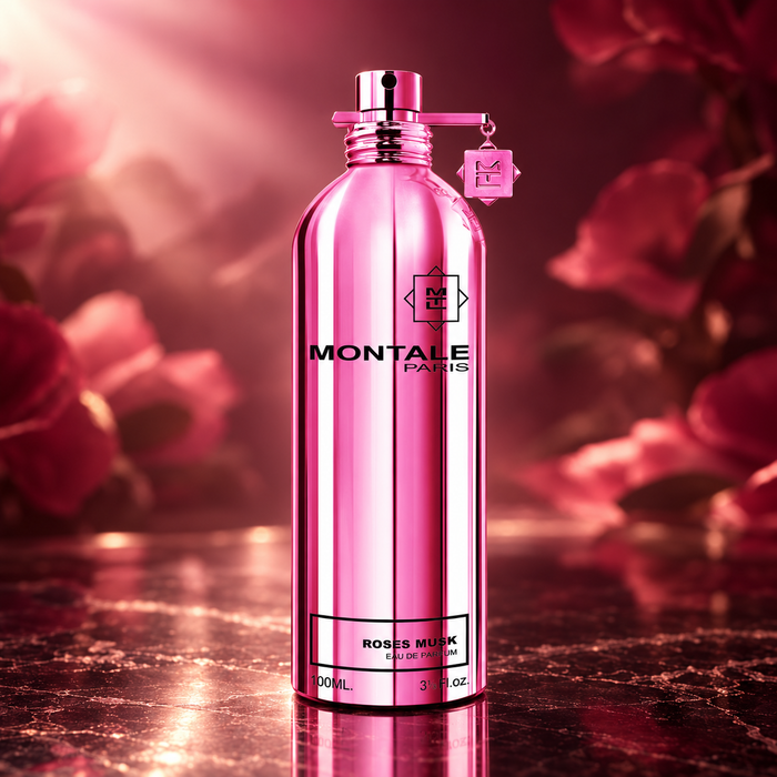 Montale Roses Musk EDP 100 ml – flakon perfum w luksusowej aranżacji reklamowej