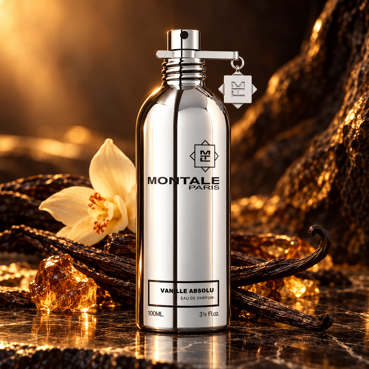 Montale Vanille Absolu EDP 100 ml – flakon perfum w luksusowej aranżacji reklamowej