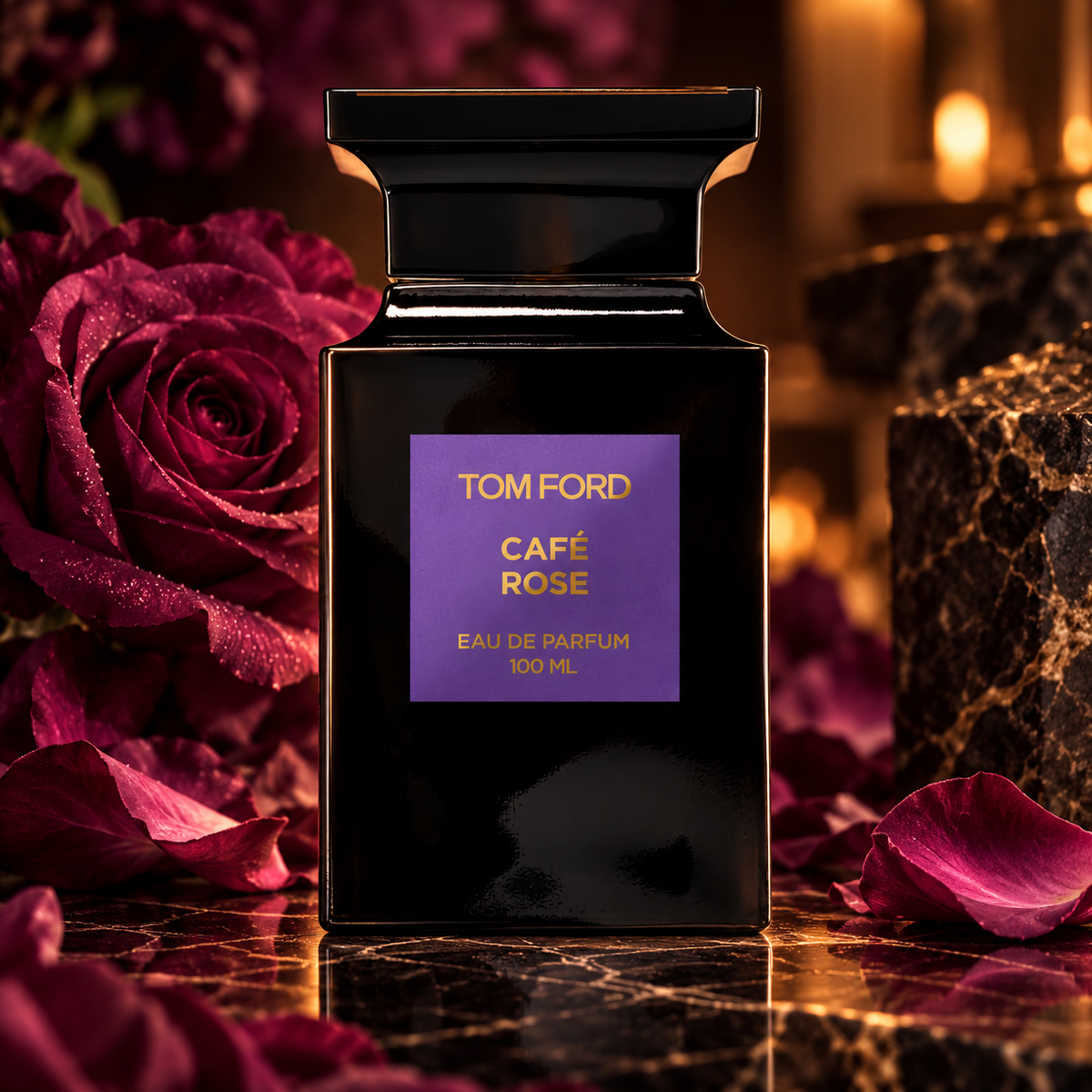 Tom Ford Cafe Rose EDP 100 ml – flakon perfum w luksusowej aranżacji reklamowej