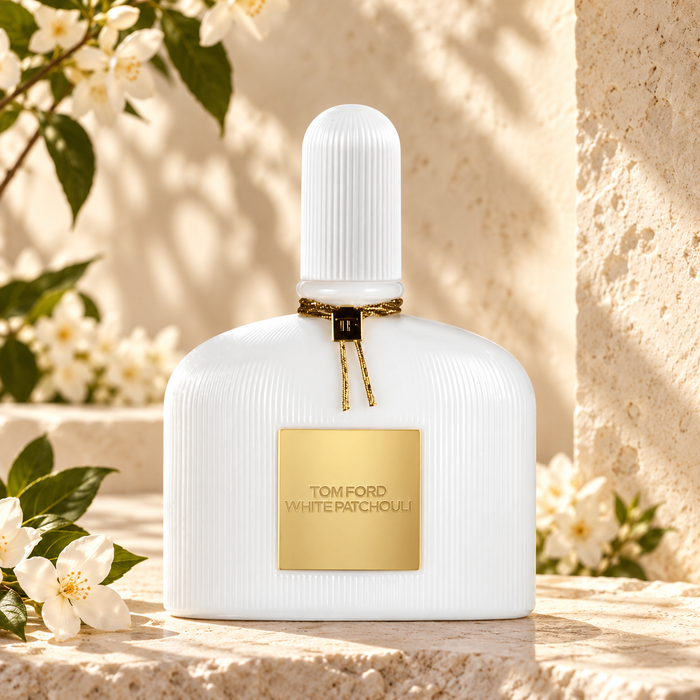 Tom Ford White Patchouli EDP 100 ml – flakon perfum w luksusowej aranżacji reklamowej