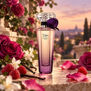 Lancôme Trésor Midnight Rose EDP 50 ml w scenerii róż, malin i miękkiego wieczornego światła